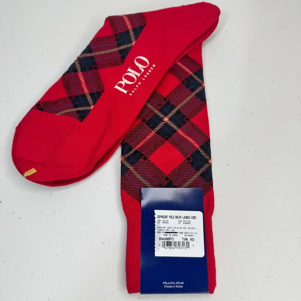 Polo Ralph Lauren Red Tartan Plaid Dress Socks Cotton Blend Size 10-13 Japan